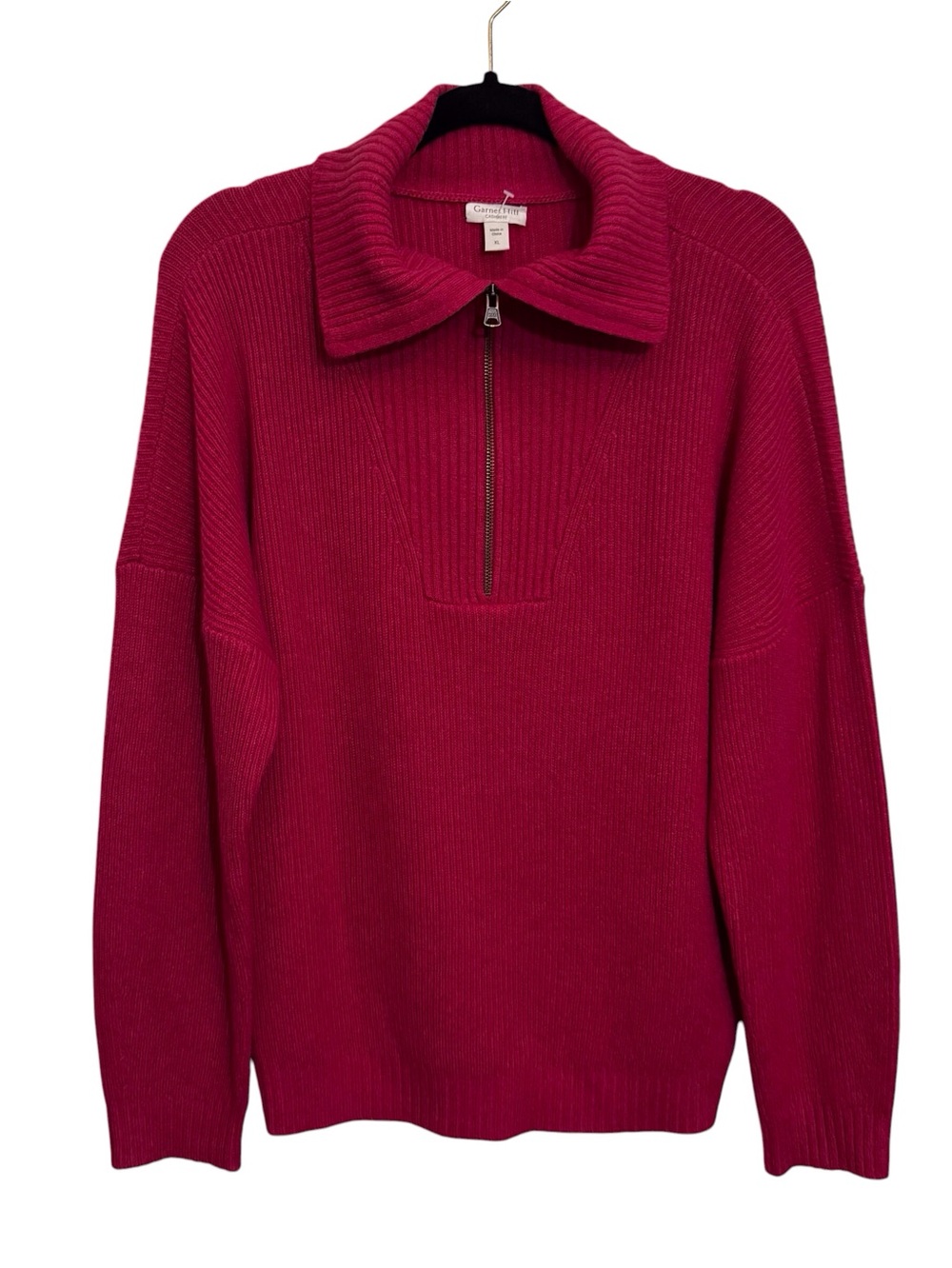 Garnet Hill Size X-Large Hot Pink Cashmere Quarter Zip Sweater Ribbed Collared